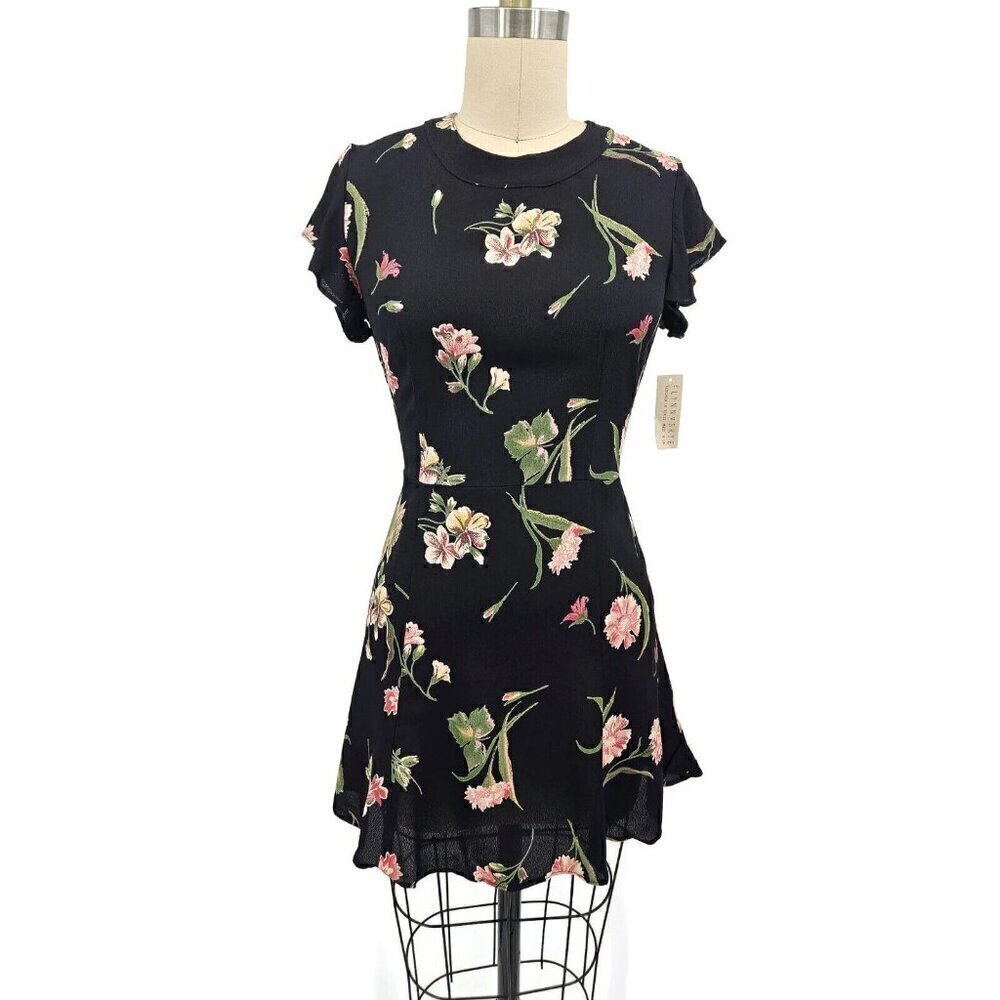 New Flynn Skye Zoe Mini Dress Womens XS Black Pink Floral Ruffles Rayon
